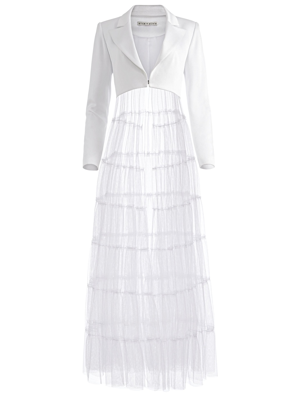 Alice + Olivia White Fitted Blazer With Tiered Tulle Maxi Skirt